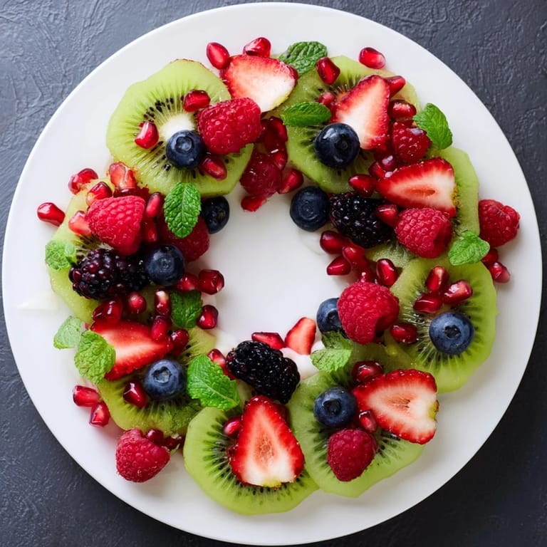 This healthy and festive kiwi and berry holiday wreath features a beautiful array of colorful fruits.