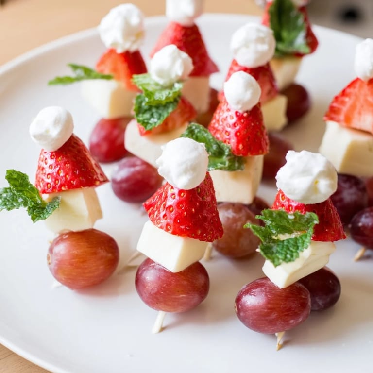 Delicious Santa Hat Fruit and Cheese Platter, perfect for holiday snacking, featuring juicy red fruit and creamy cheese.