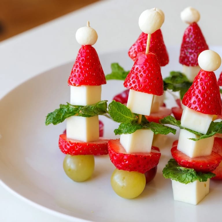 Freshly arranged Santa Hat Fruit and Cheese Platter, showcasing colorful strawberries, cheese cubes, and adorable grape accents.