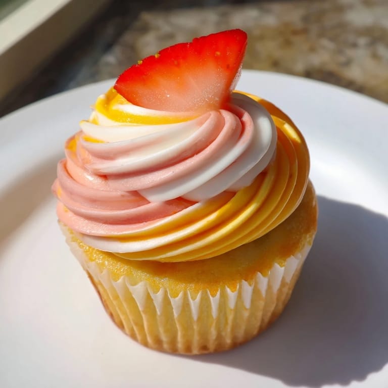 These sweet Mango Strawberry Sunset Cupcakes offer a burst of tropical flavors and visual appeal.