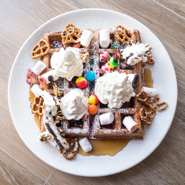A close-up of a festive gingerbread house waffle, with vibrant candies and whipped cream, ready to enjoy.