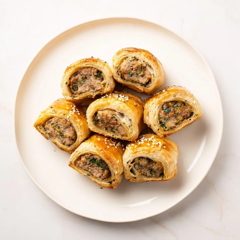 Warm, savory appeal of a half-circle wreath of golden Savory Bites: Mini Sausage Rolls, ready to serve.