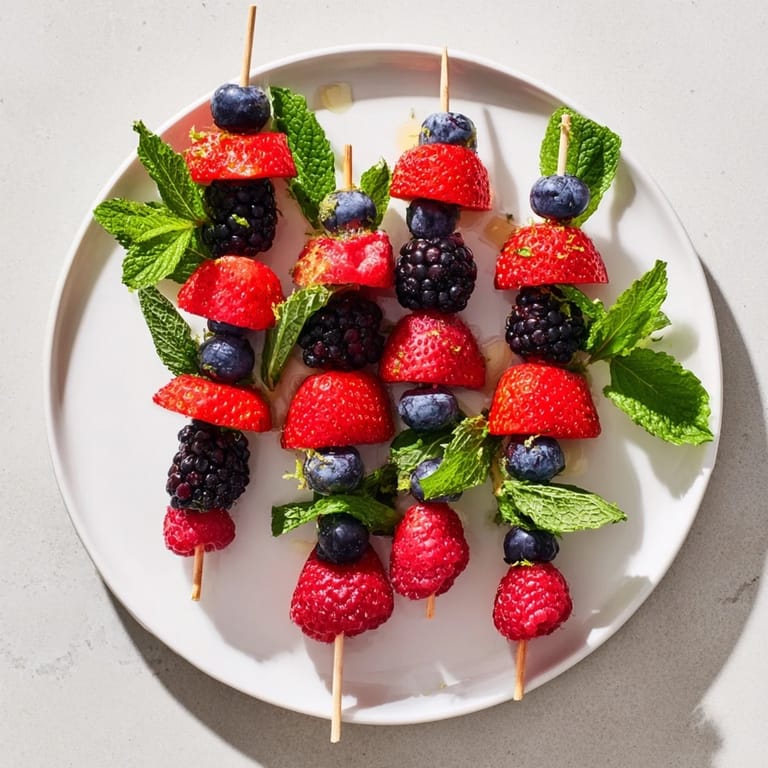 Simple berry and mint skewers offer a delightful mix of flavors and textures, ready to enjoy.