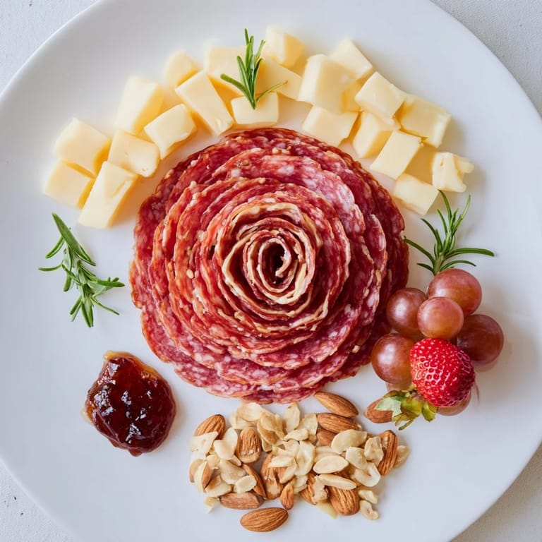 Single bloom Easy Charcuterie board with a salami rose, ideal for an individual, gluten-free snack.