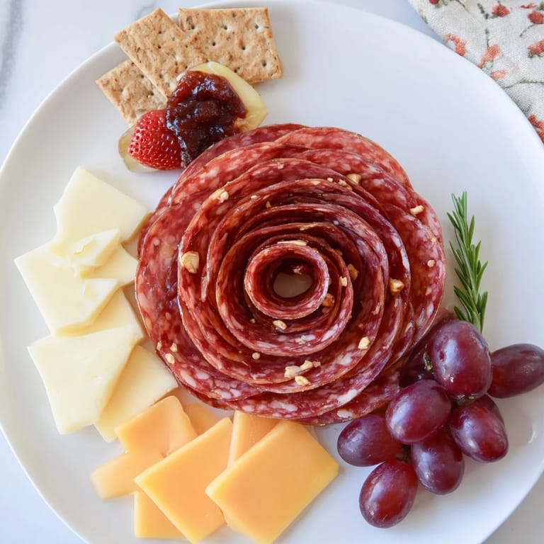 This Easy Charcuterie board includes a salami rose nestled next to fresh fruit and creamy cheese.