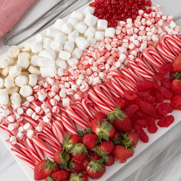 A beautifully arranged Sweet Board showcases vibrant candies and fresh strawberries, a sweet dessert display.