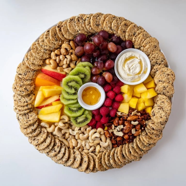 Vibrant Hidden Oasis appetizer with colorful fruits, creamy dips, and crunchy crackers for sharing.