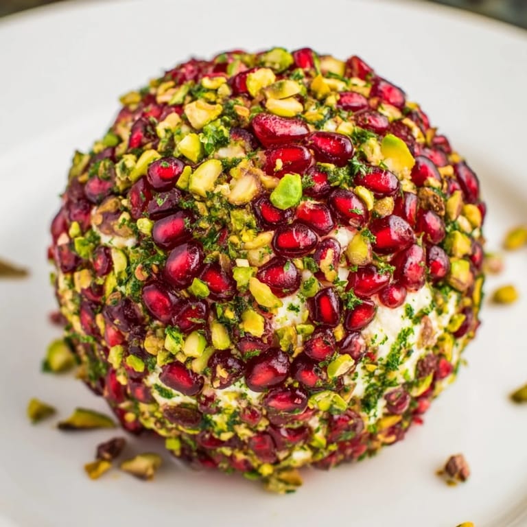 This elegant The Royal Orb cheese ball offers creamy textures under a vibrant layer of pistachios and pomegranate jewels.