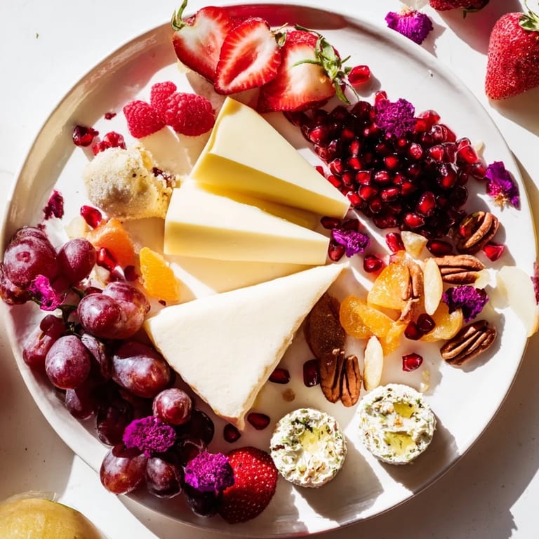 Indulge in this visual delight: a Rose Garden Romantic Platter with fresh fruit and beautiful blooms.