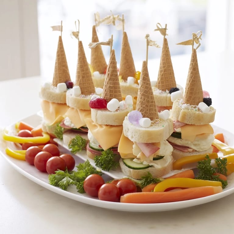 This whimsical Fairy Tale Castle Platter features sandwich walls, ice cream cone towers, and a fruit moat.