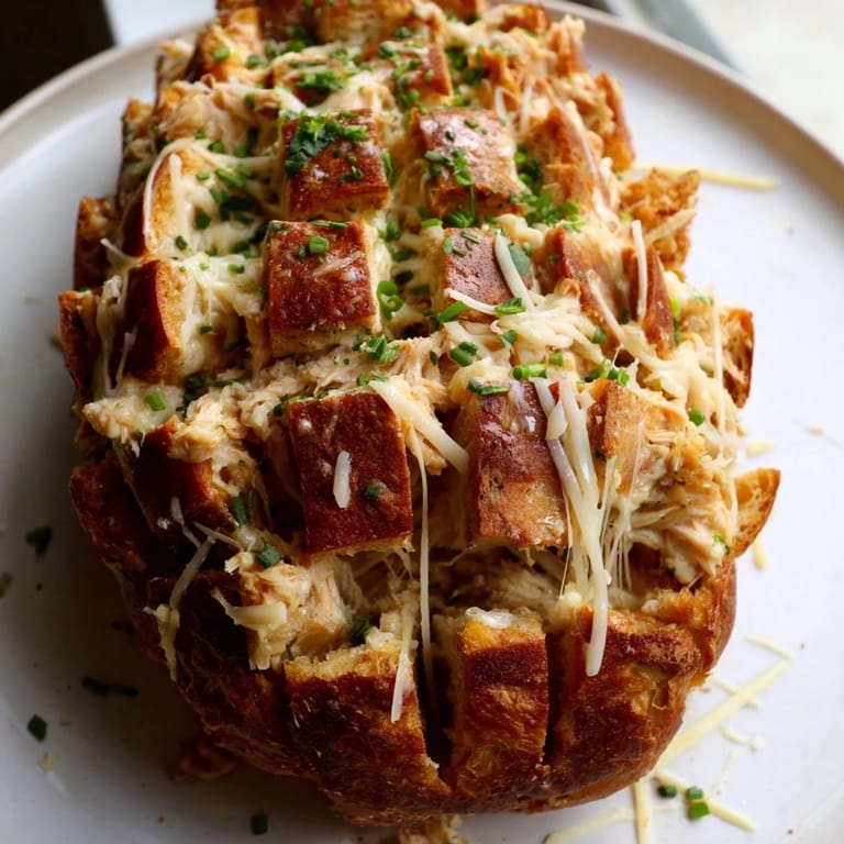 Warm, pull-apart Cheesy Leftover Chicken Bake, with bubbly cheese and savory aroma, ready to serve this evening.