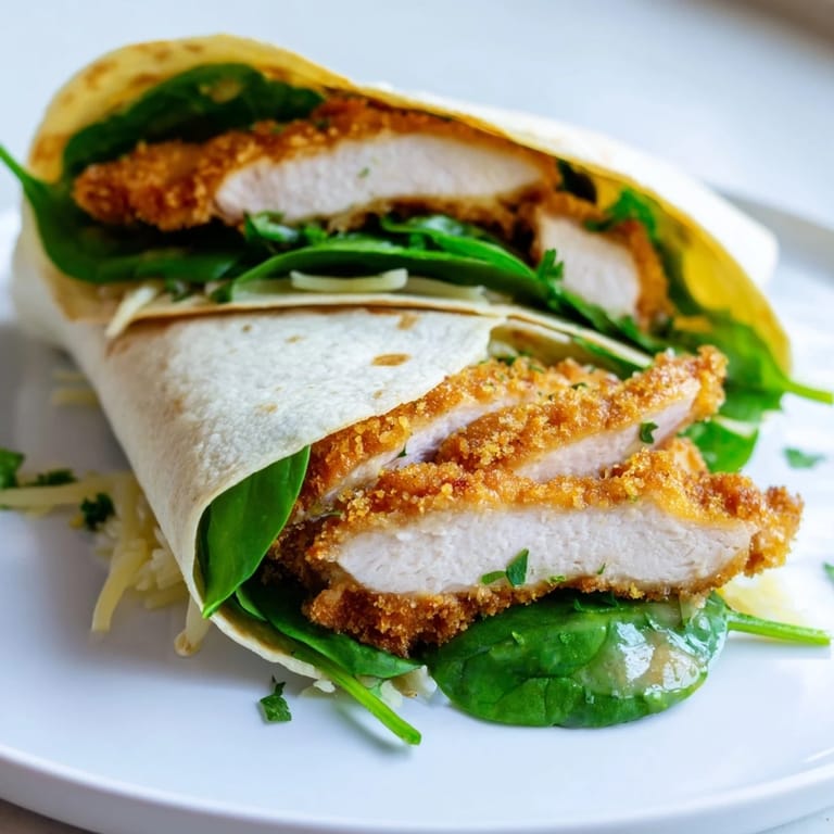 Melting mozzarella inside a crispy Chicken Piccata Crunch Wrap, served with fresh spinach for color and flavor.