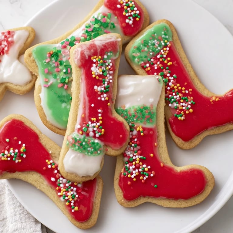 Brightly decorated Christmas Boot-Shaped Delights, perfect for a Christmas dessert alongside hot cocoa.