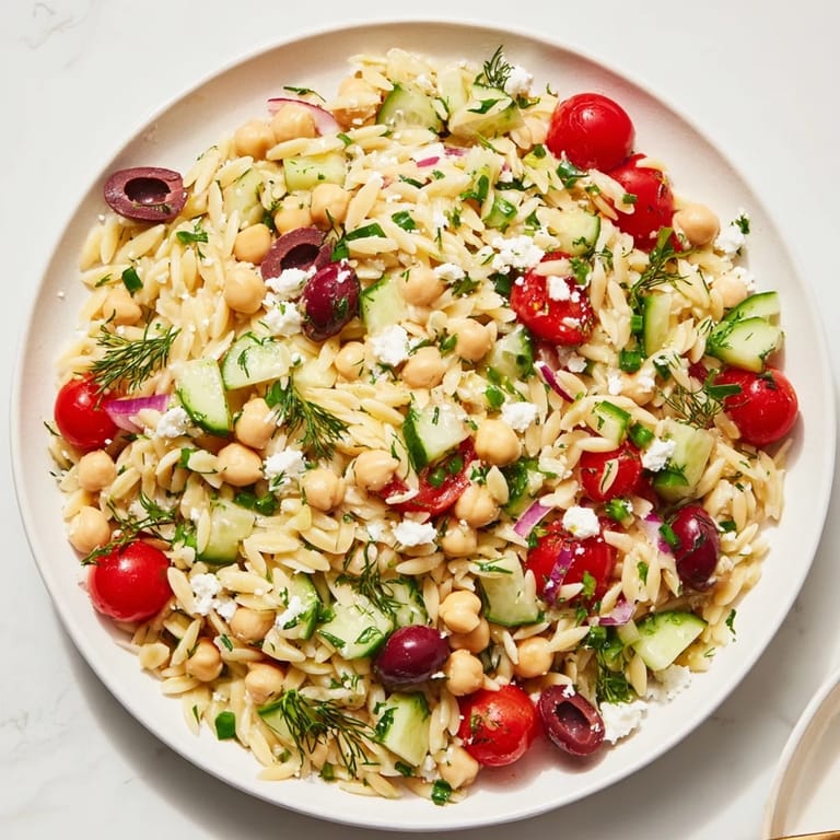 A refreshing bowl of Greek Lemon-Orzo Bean Salad, featuring bright cherry tomatoes and creamy chickpeas.