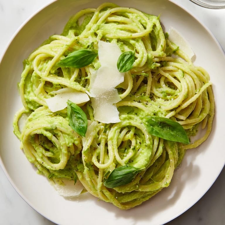 Linguine coated in luscious creamy avocado pasta sauce, ready to be enjoyed with a crisp wine.