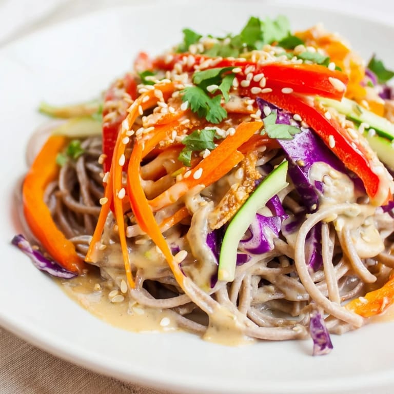 Chilled soba noodle salad tossed with sesame dressing, garnished with cilantro and sesame seeds.