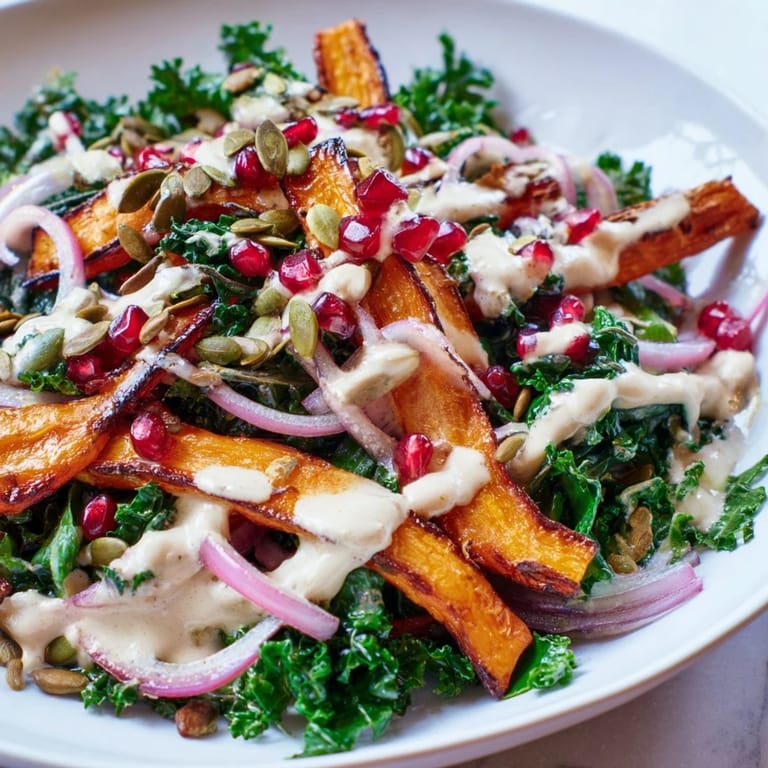 Warm roasted carrots with a creamy tahini-lemon drizzle over fresh greens, beautifully arranged for serving.
