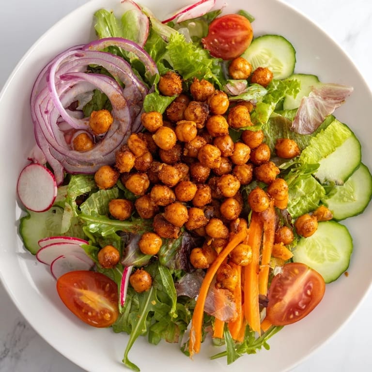 Imagine the textures – the crispy croutons atop a bed of mixed greens in this delicious salad.