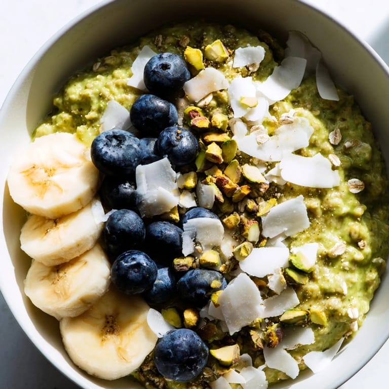 Beautifully layered matcha overnight oats with a swirl of vanilla for a quick, delicious start.