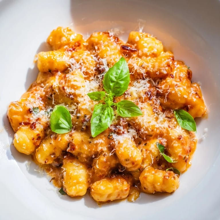 A steaming bowl of Creamy Tomato Gnocchi, the pillowy pasta coated in a rich, flavorful tomato sauce.
