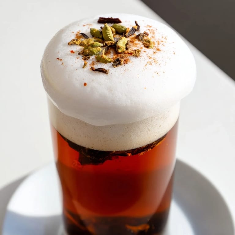 Enjoy the refreshing taste of this homemade iced chai, garnished with a sprinkle of cinnamon.