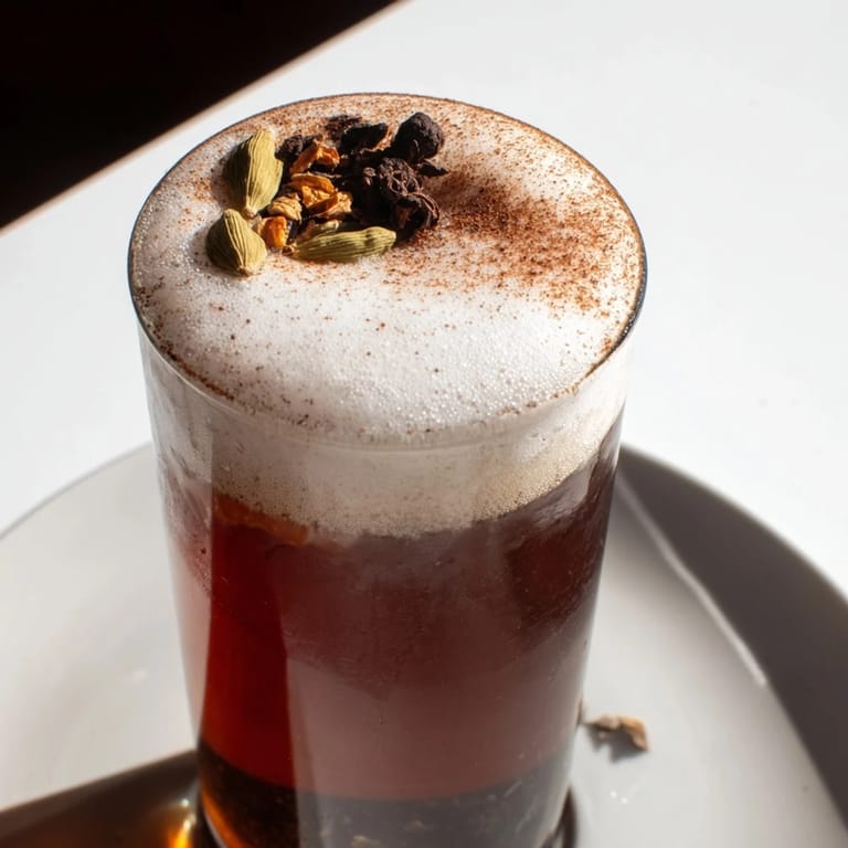 A tall glass of homemade iced chai shows a beautiful layering of tea, ice, and sweet cold foam.