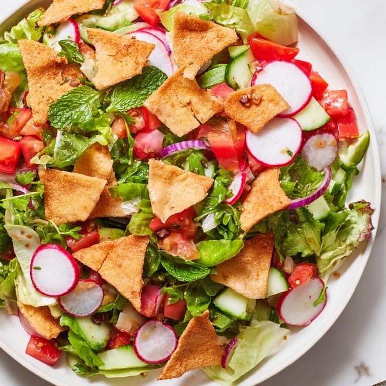 Golden, toasted pita pieces atop a refreshing Lebanese Fattoush Salad, perfect for a light vegetarian lunch.