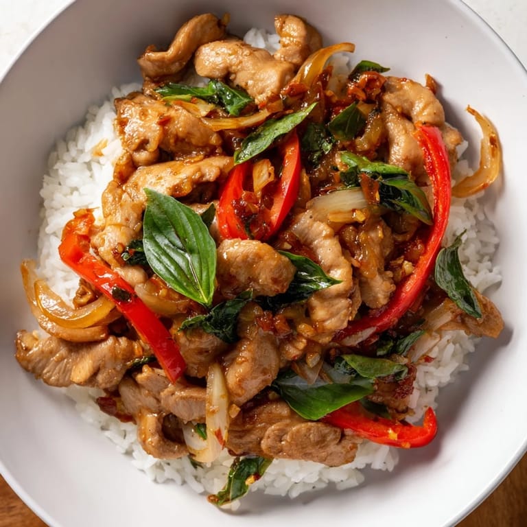 Savory Thai Basil Chicken Bowls arranged on fluffy rice, ready for a delicious dinner.
