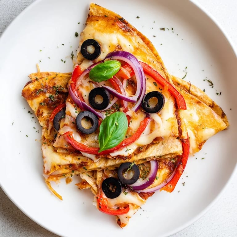 Triangle-shaped tortilla pizza wrap, filled with pizza sauce and veggies, looks incredibly appetizing.