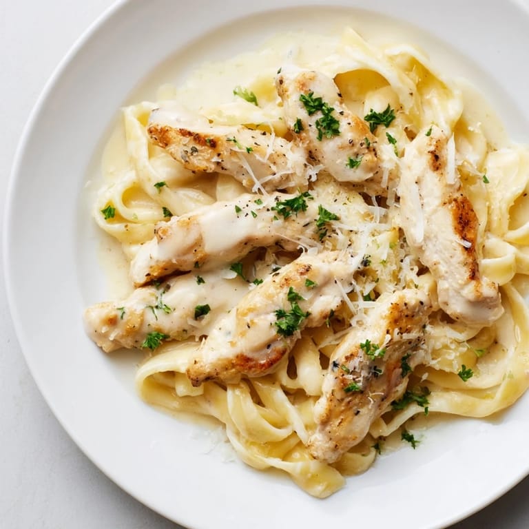 A creamy Skillet Chicken Alfredo, featuring tender chicken and rich sauce, a delicious dinner.