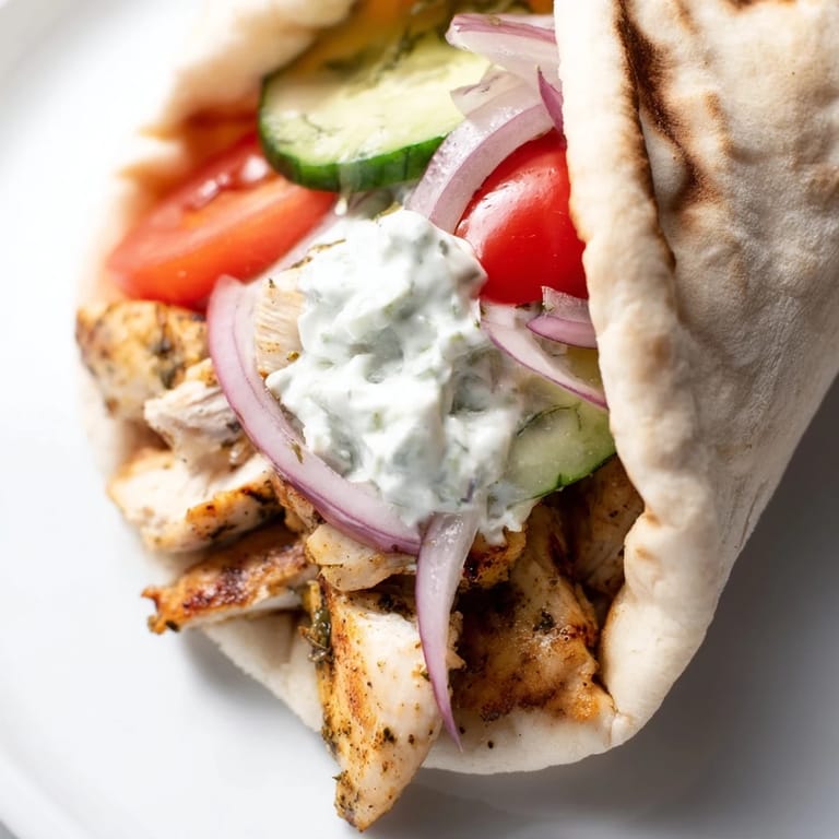 Freshly assembled Greek Chicken Wrap ingredients, including seasoned grilled chicken strips, cool cucumber, and vibrant red tomato, ready to be wrapped in warm pita.
