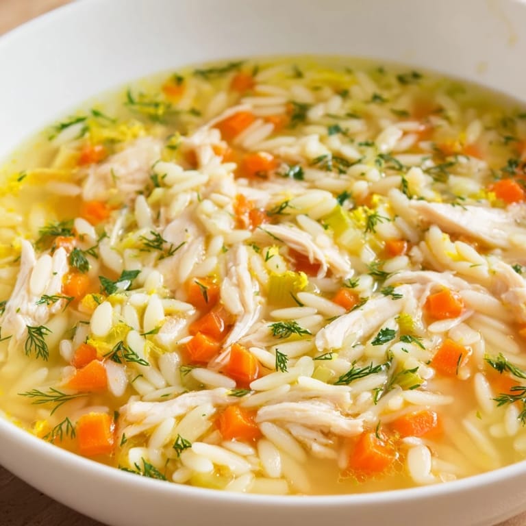 Close-up of Chicken Lemon Orzo Soup with tender chicken, carrots, and orzo pasta in a bright, brothy Mediterranean-style bowl.  