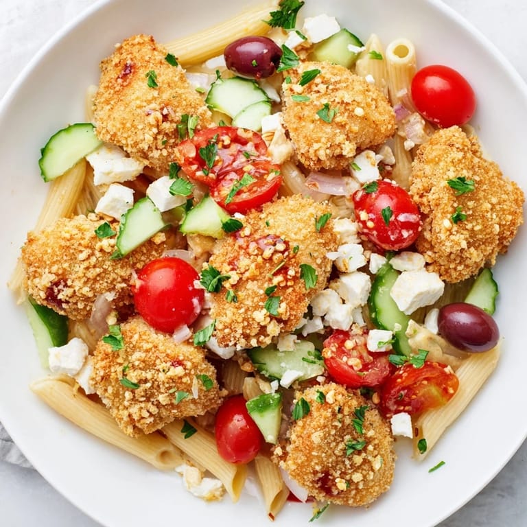 Crispy Chicken Greek Pasta served in a large bowl, topped with feta and parsley garnish.