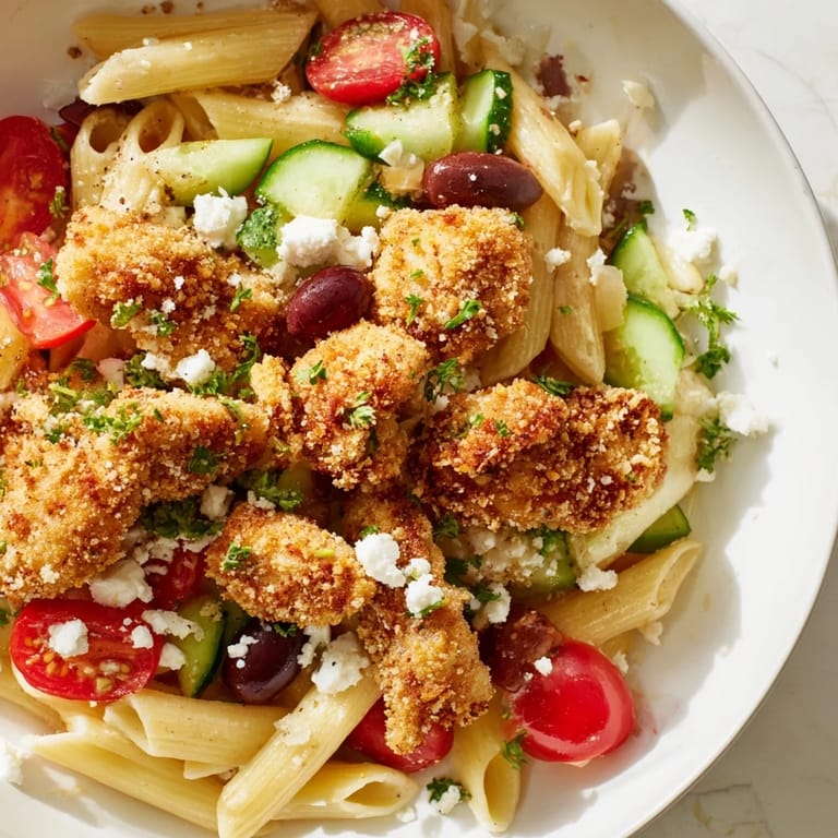 Sizzling pan-fried chicken pieces alongside al dente pasta with cherry tomatoes, cucumbers, and Kalamata olives.