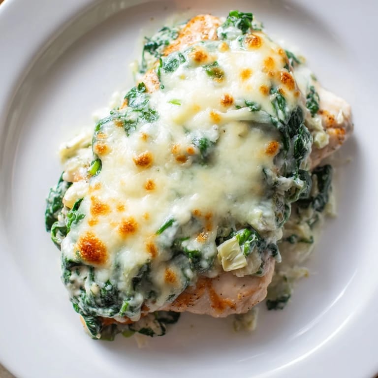 Spinach & Artichoke Chicken Bake garnished with fresh herbs, served alongside quinoa and a crisp green salad.