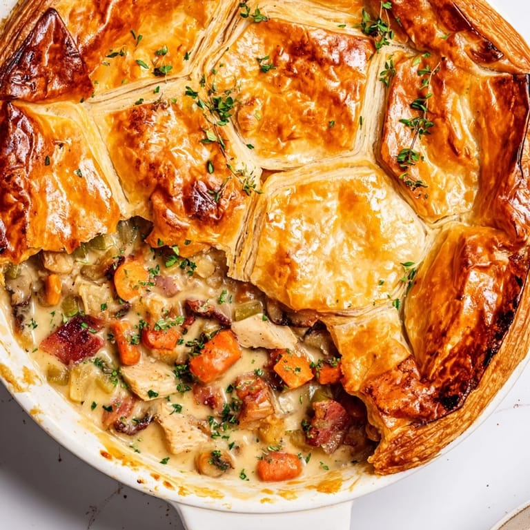 A hearty slice of Chicken and Leek Pie rests on a rustic plate, paired with a side of buttered green peas for a comforting dinner.  