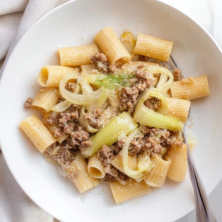 A close-up of Winter Pasta with Sausage and Fennel, featuring golden pasta, sausage crumbles, and sliced fennel.