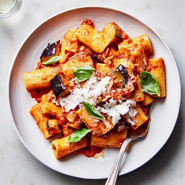 In a U.S. kitchen, this Pasta Alla Norma combines roasted eggplant and aromatic basil for a comforting, family-style Italian meal.