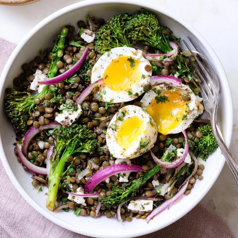 Warm French Lentil Salad tossed with crisp broccolini and red onion, finished with a tangy vinaigrette.
