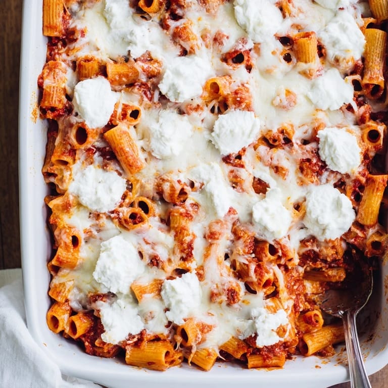 Pasta baked golden brown with melted cheese and hearty tomato sauce, a perfect make-ahead family-style meal.