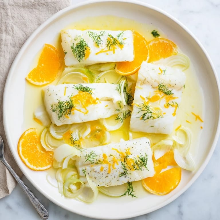 Flavorful poached cod with aromatic fennel, orange slices, and fresh herbs.
