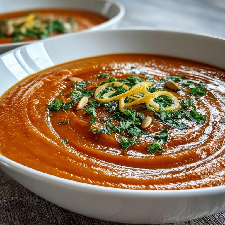 A close-up of creamy Carrot Ginger Soup shows smooth orange puree, topped with toasted pumpkin seeds and parsley sprigs.