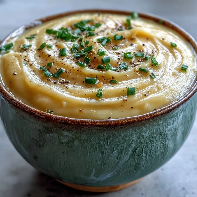 Velvety Cream of Potato Soup with melted cheddar cheese and crispy crumbled bacon on top.