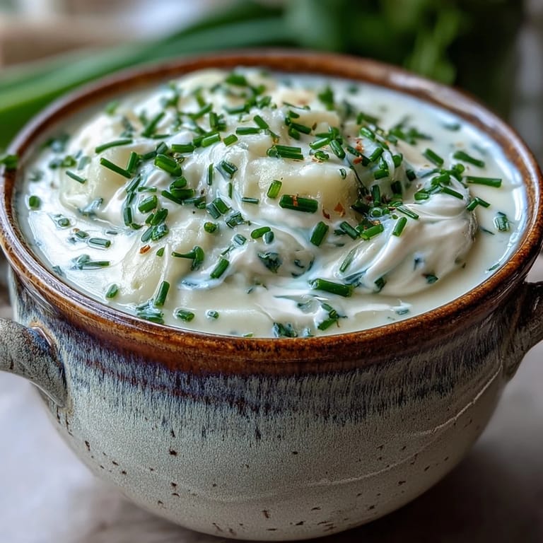 Hearty Potato Leek Soup topped with chives and cracked black pepper, ready to enjoy with crusty bread.
