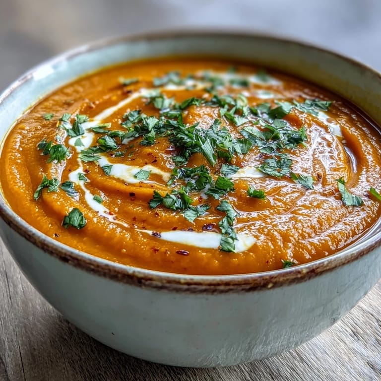 A bowl of golden Carrot and Lentil Soup topped with fresh parsley, served alongside warm crusty bread.