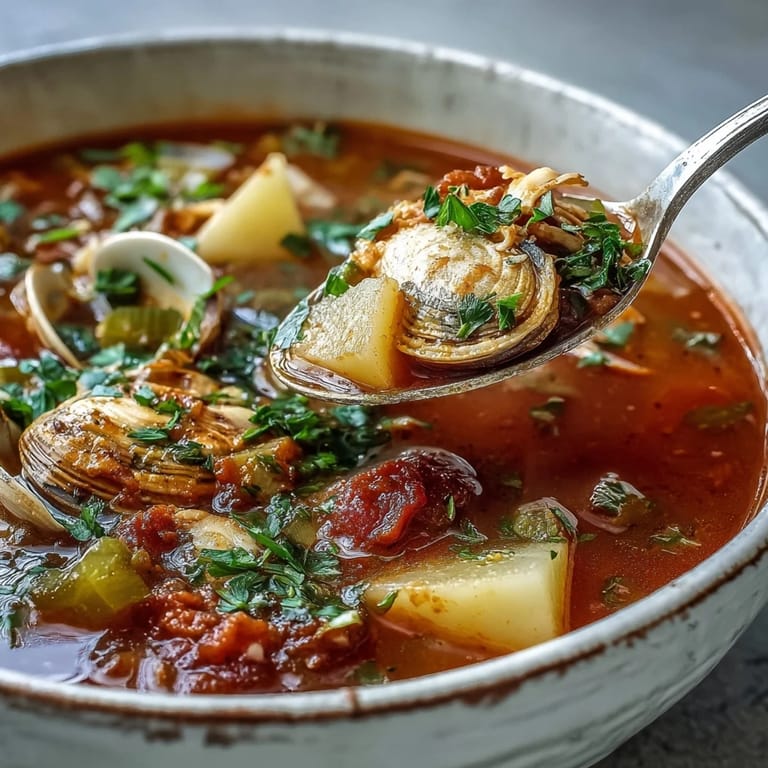 Freshly prepared Manhattan Clam Chowder served hot in a rustic bread bowl, garnished with vibrant green parsley and a side of oyster crackers.