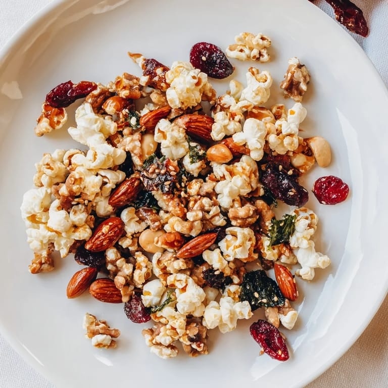 Savory-sweet holiday snack mix featuring miso almonds and flavorful sesame popcorn.
