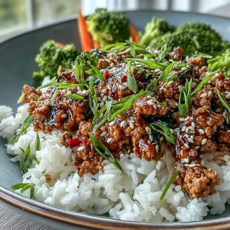 A spoonful of Korean-Style Ground Turkey lifted from a skillet, revealing the thick, spicy-sweet sauce clinging to the ground meat, garlic, and ginger, with steam rising.  