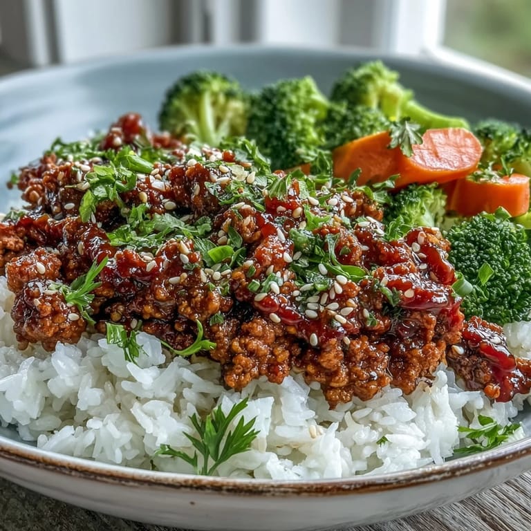 A vibrant bowl of Korean-Style Ground Turkey served over brown rice, garnished with chopped chives and sesame seeds, alongside colorful steamed carrots and spinach.