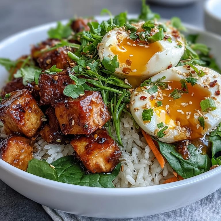 A vibrant Asian-inspired breakfast bowl featuring soft tofu, halved jammy eggs, and a zesty ginger scallion sauce drizzle.